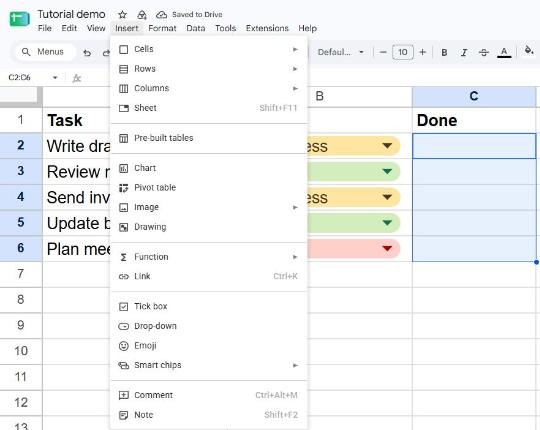 Google Sheets Insert menu open with the Tick box (Checkbox) option, cells C2 to C6 selected
