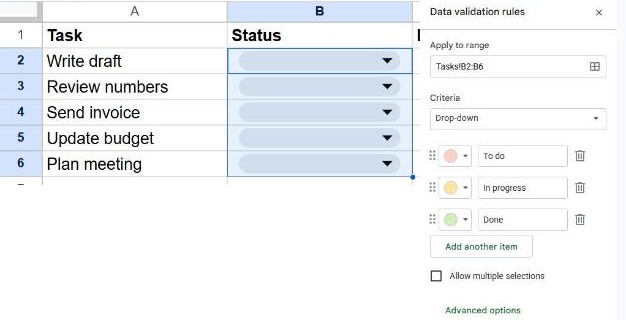 Data validation rules panel in Google Sheets with a Dropdown rule and the options To do, In progress and Done