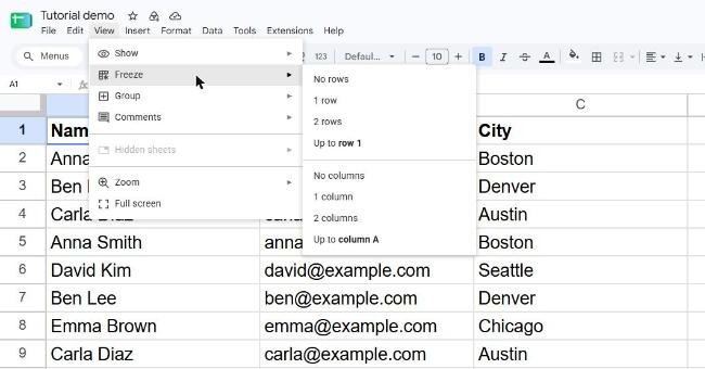 Google Sheets View menu open with Freeze options: No rows, 1 row, 2 rows, Up to row 1, and the same for columns