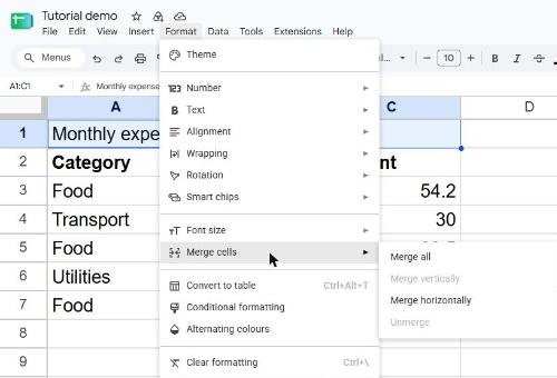 Google Sheets Format menu with Merge cells submenu showing Merge all, Merge vertically, Merge horizontally and Unmerge