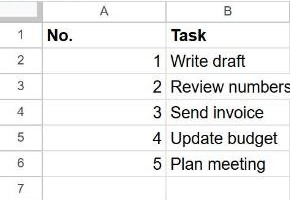A numbered No. column showing 1 to 5 next to a list of tasks in Google Sheets