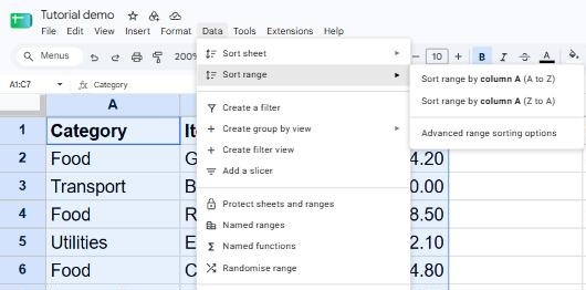 Google Sheets Data menu with Sort range open showing Sort range by column A and Advanced range sorting options