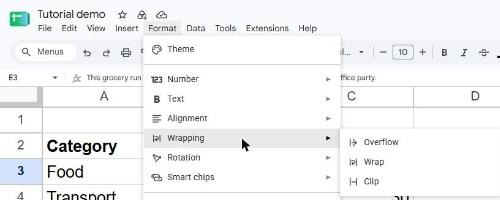 Google Sheets Format menu with Wrapping submenu showing Overflow, Wrap and Clip
